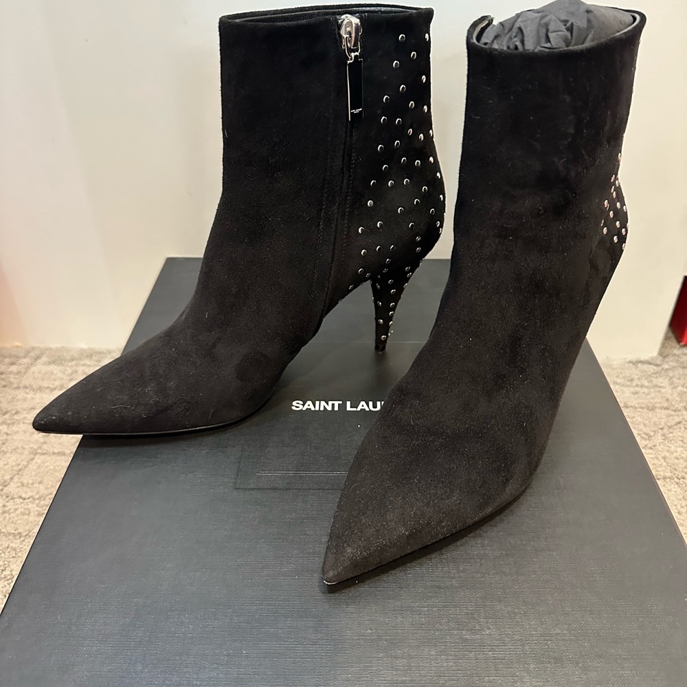 Saint Laurent Black Suede Ankle Boots with Silver Studs